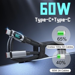 Câble USB C Vers USB C 60W (3A), 1M, Câble De Charge Rapide PD Avec Affichage LED, Compatible Avec 15/15 Pro/15 Pro Max, MacBook