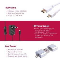 GeeekPi pour Raspberry Pi 4 4 Go Starter Kit | Alimentation 18W | Boîtier ABS | Carte mémoire de 64 Go | 2 Câbles 4k Micro HDMI 