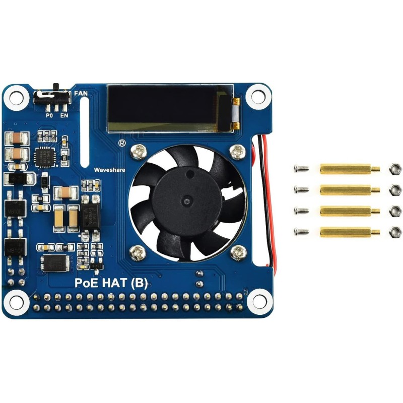Waveshare Power Over Ethernet Hat for Raspberry Pi 3B+/4B, 802.3af-Compliant with OLED for Real-Time Monitoring Temperature, IP,