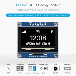 Waveshare 1.54inch oled display module(blanc display color), 128 x 64 resolution, spi / i2c communication, compatible with raspb