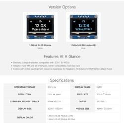 Waveshare 1.54inch oled display module(blanc display color), 128 x 64 resolution, spi / i2c communication, compatible with raspb