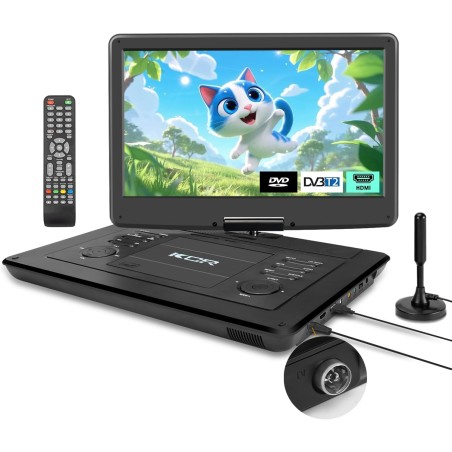 KCR Lecteur DVD portable 15,6 pouces pour enfants et voiture, écran LED de 15,6 pouces, tuner DVB-T2, batterie rechargeable, USB