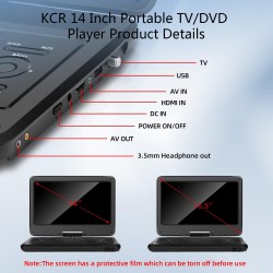 KCR 14 Pouces TV Portable/Lecteur DVD Combo avec écran LED Rotatif HD et Tuner TV DVB-T2 numérique/USB/HDMI/AV/Audio, Batterie i