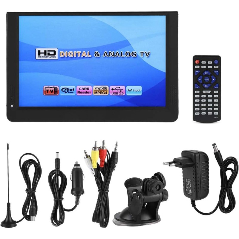 12 Pouces TV Portable,1080P 16: 9LED Mini-télévision Portable Lecteur de télévision numérique avec Chargeur de Voiture 12V pour 
