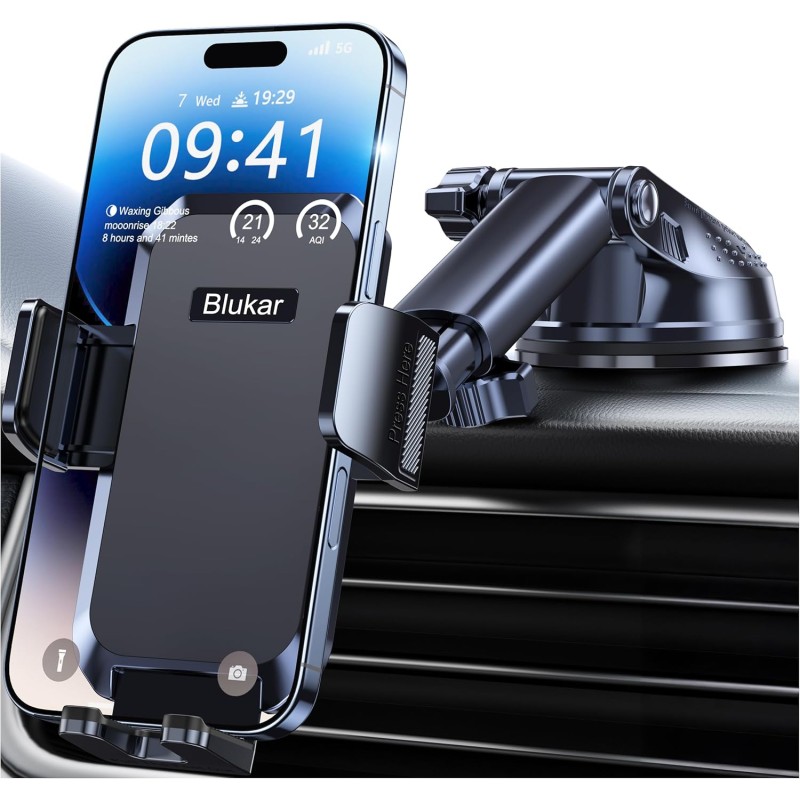 Blukar Support Téléphone Voiture, Porte Téléphone Voiture Ventouse Universel Réglable, Rotation 360°& Ventouse Améliorée & Un Bo