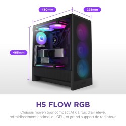 NZXT H5 Flow RGB - Boîtier de PC Gaming Compact Moyen Tour ATX - Flux d'air élevé - F360 RGBCore (CV) Inclus - Support de radiat
