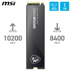 MSI SPATIUM M560 SSD 1TB - Disque SSD Interne 1 to PCIe 5.0 NVMe M.2, Lecture 10200 MB/s, Écriture 8400 MB/s, 3D NAND, Sécurité 