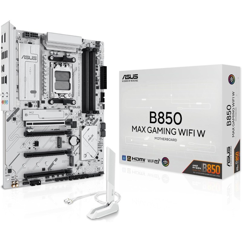 ASUS B850 MAX GAMING WIFI W - Carte mère AMD ATX, 8+2+1 phases d’alimentation, fente DDR5, PCIe 5.0, 3 emplacements M.2, WiFi 6E