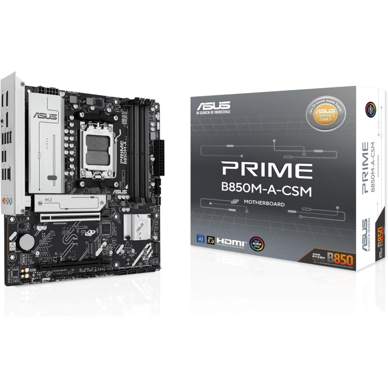 ASUS Prime B850M-A-CSM, Carte mère AMD mATX, Emplacement DDR5, PCIe 5.0 prêt, 3 emplacements M.2, Ethernet Realtek 2,5 Go, Displ