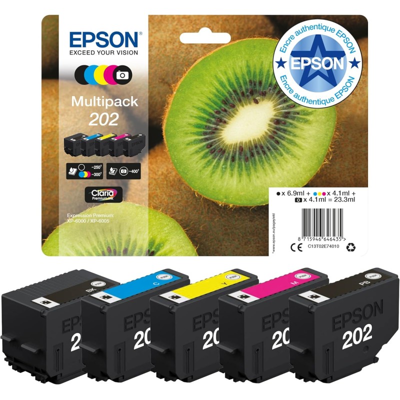 Epson Multipack 202 Kiwi, Cartouches d'encre d'origine, 5 couleurs: Noir, Cyan, Magenta, Jaune, Noir photo, XP-6000, XP-6005, XP