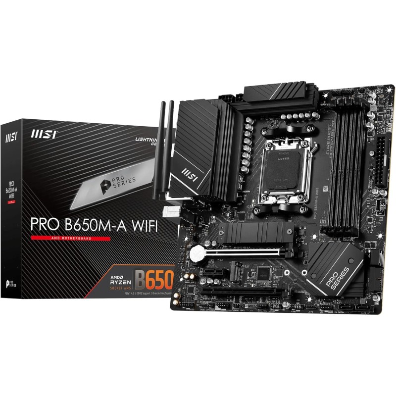 MSI Pro B650M-A WiFi Carte Mère, Micro-ATX - pour Processeurs AMD Ryzen 9000, 8000 et 7000, AM5 - DDR5 Memory Boost 6400+MHz/OC,