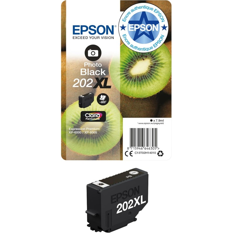 Epson 202XL Kiwi Noir Photo, Cartouche d'encre d'origine XL Haute capacité, XP-6000, XP-6005, XP-6100, XP-6105