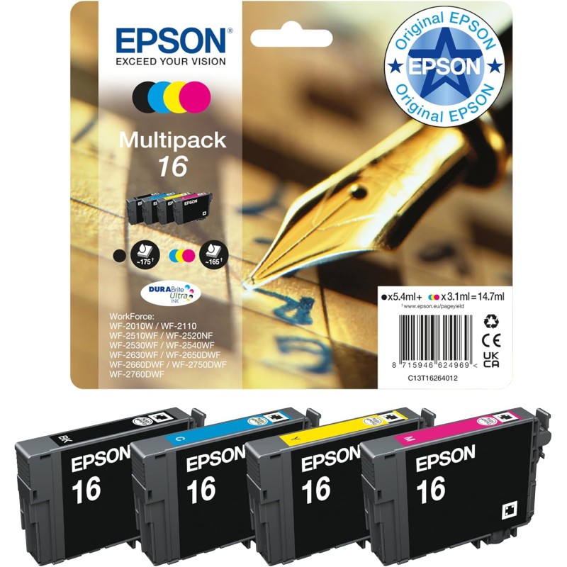 Epson Multipack 16 Stylo Plume, Cartouches d'encre d'origine, 4 couleurs: Noir, Cyan, Magenta, Jaune, WF-2010W WF-2510WF WF-2530