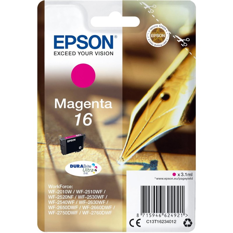 Epson 16 Stylo Plume Magenta, Cartouche d'encre d'origine, WF-2010W WF-2510WF WF-2520NF WF-2530WF WF-2540WF WF-2630WF WF-2650DWF