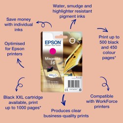 Epson 16 Stylo Plume Magenta, Cartouche d'encre d'origine, WF-2010W WF-2510WF WF-2520NF WF-2530WF WF-2540WF WF-2630WF WF-2650DWF