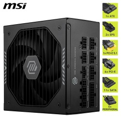 Msi mag a1000gls pcie5 alimentation pc, 1000w, atx, 80 plus or, atx 3.1, compatible pcie 5.1, connecteur natif 12v-2x6 bicolore,