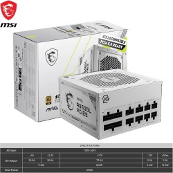 Msi mag a850gl pcie5 blanc alimentation, 850w, 80 plus gold, entièrement modulaire, atx 3.0, support gpu pcie 5.0, ventilateur f