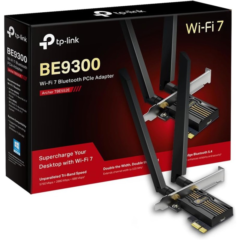 Tp-link wifi 7 carte wifi pcie be9300 archer tbe552e, tri-bandes (6ghz/5ghz/2.4ghz), adaptateur avec bleutooth 5.4 et 2 antennes