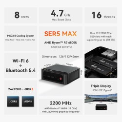 Beelink SER5 Max Mini PC, AMD Ryzen R7 6800U (8C/16T, jusqu'à 4,7GHz), Mini Ordinateur de Bureau 24Go LPDDR5 RAM 500Go PCIe SSD,