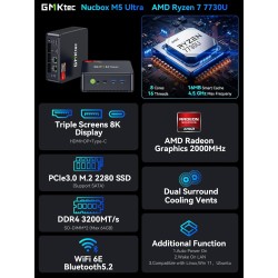 GMKtec AMD Ryzen 7 Mini PC W-11 Pro 7730U(Version améliorée 7430U/5825U) (8 C/16 T 4,50 GHz), M5 Ultra Dual LAN 2.5G Mini Comput