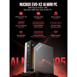 GMKtec Evo-X2 AI Mini-PC AMD Ryzen AI Max+ 395 (jusqu'à 5,1GHz) Mini-PC de Jeu, 64GB LPDDR5X 8000MHz (8GB*8), 1TB PCIe 4.0 SSD, 