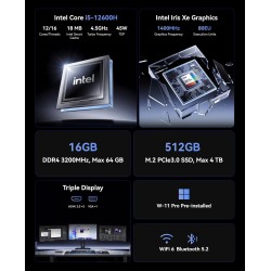 NiPoGi CK10 Mini PC W-11 Pro, Ιntel Core i5-12600H(12C/16T, jusqu'à 4,5 GHz),16Go DDR4 512Go NVME M.2 SSD Mini Ordinateur de Bur