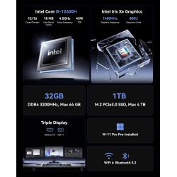 NiPoGi CK10 Mini PC 32 Go RAM DDR4, Ιntel i5-12600H(jusqu'à 4,5 GHz, 12C/ 16T), 1024 Go (1 to) NVME M.2 SSD Mini Ordinateur de B