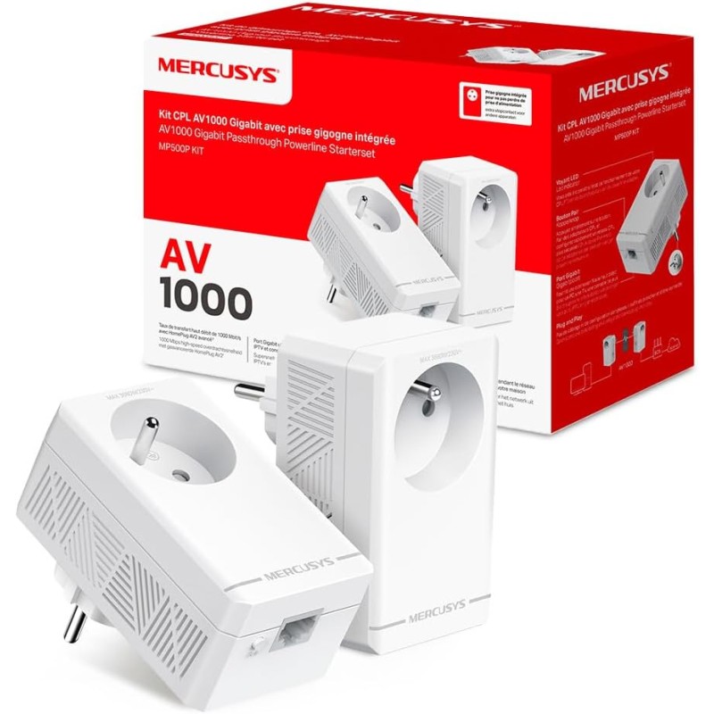 Mercusys MP500P KIT CPL 1000Mbps avec 1 Port Gigabit et Prise Intégrée Type F, Boitier CPL Kit de 2 - idéale pour Profiter du Se