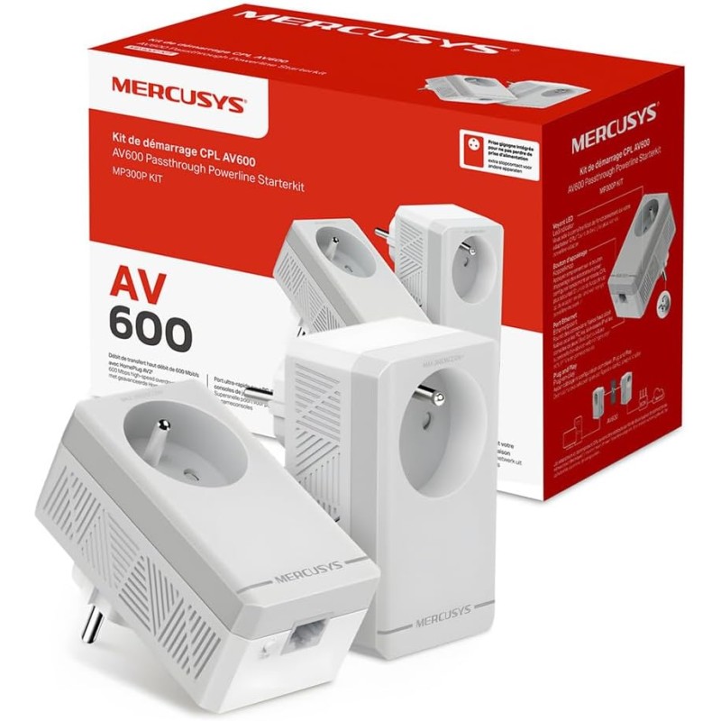 Mercusys MP300P KIT CPL 600Mbps avec 1 Port et Prise Intégrée Type F, Boitier CPL Kit de 2 - idéal pour Profiter du Service Mult
