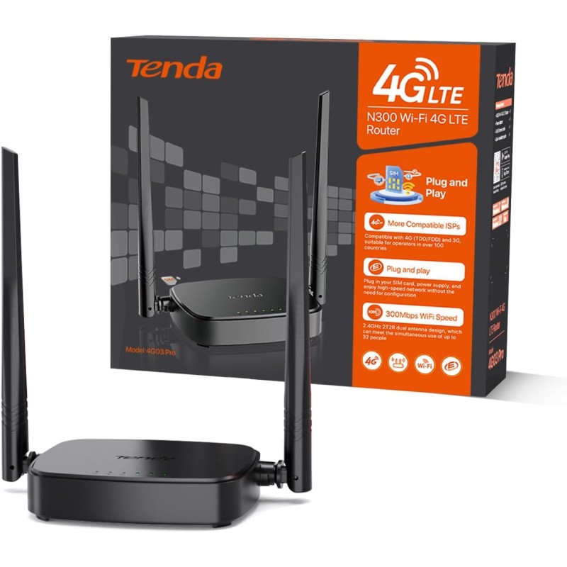Tenda Routeur 4G, Box 4G WiFi, Routeur SIM LTE 150 Mbps, Modem 4G san Fil, 2.4GHz Wi-FI 300 Mbps, CAT4, 2 Antennes Externe, Fast