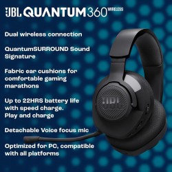Jbl quantum 360 casque gaming circum-auriculaire sans fil, double connexion 2,4 ghz et bleutooth, autonomie 22 h, micro amovible