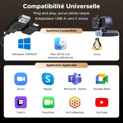 Uvert webcam 4k 30fps caméra usb a c pc autofocus deux micro antibruit correction lumière 360 degrés rotation plug play windows 