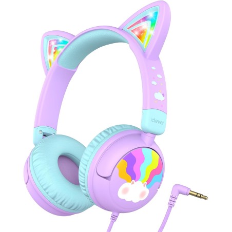 iClever Casque Audio Enfant, d'oreilles de Chat avec Éclairage LED, Volume Limité 85dba, Son Stéréo, Casque d'Écoute pour Enfant