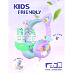 iClever Casque Audio Enfant, d'oreilles de Chat avec Éclairage LED, Volume Limité 85dba, Son Stéréo, Casque d'Écoute pour Enfant