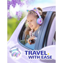 iClever Casque Audio Enfant, d'oreilles de Chat avec Éclairage LED, Volume Limité 85dba, Son Stéréo, Casque d'Écoute pour Enfant