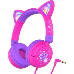 iClever Casque Audio Enfant, d'oreilles de Chat avec Éclairage LED, Volume Limité 85dba, Son Stéréo, Casque d'Écoute pour Enfant