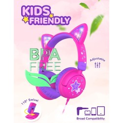 iClever Casque Audio Enfant, d'oreilles de Chat avec Éclairage LED, Volume Limité 85dba, Son Stéréo, Casque d'Écoute pour Enfant