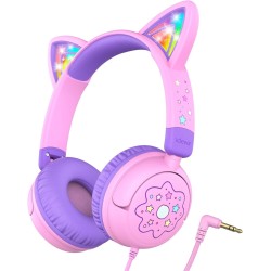 iClever Casque Audio Enfant, d'oreilles de Chat avec Éclairage LED, Volume Limité 85dba, Son Stéréo, Casque d'Écoute pour Enfant