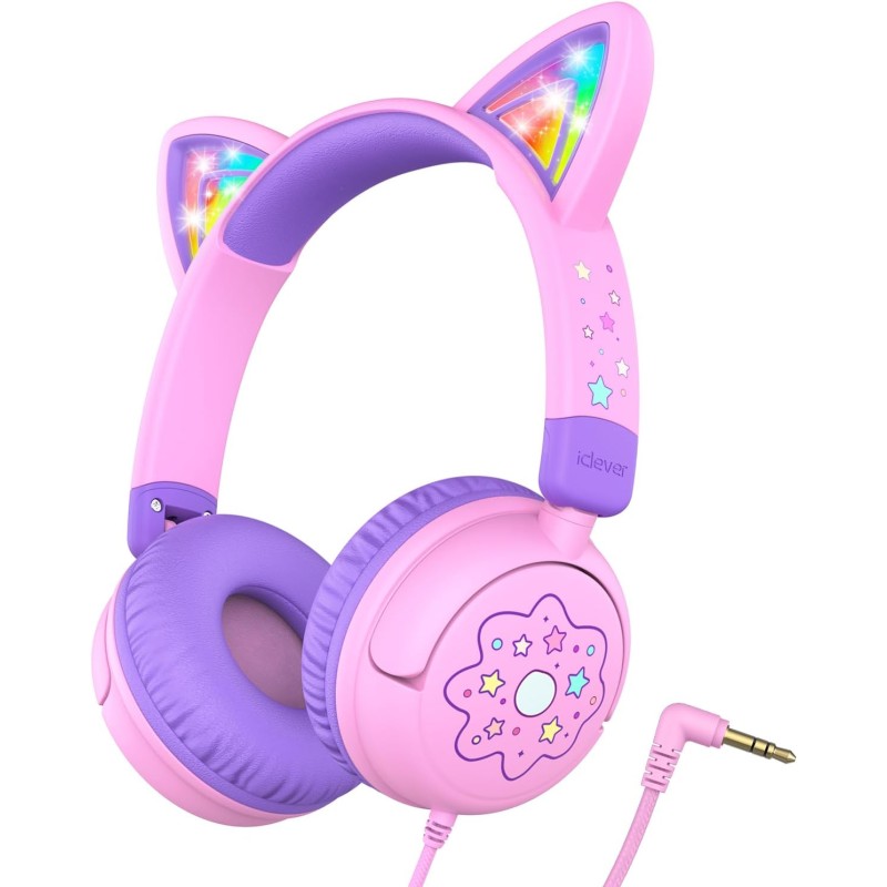 iClever Casque Audio Enfant, d'oreilles de Chat avec Éclairage LED, Volume Limité 85dba, Son Stéréo, Casque d'Écoute pour Enfant