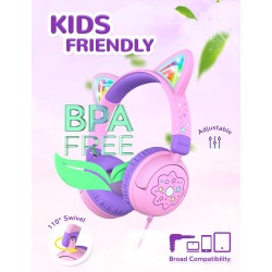 iClever Casque Audio Enfant, d'oreilles de Chat avec Éclairage LED, Volume Limité 85dba, Son Stéréo, Casque d'Écoute pour Enfant