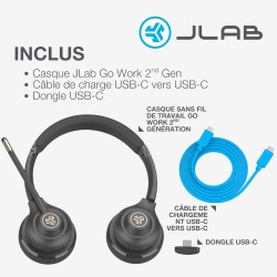 Jlab go work casque bleutooth sans fil avec micro, 2e génération - +55h d'autonomie, bleutooth ou dongle usb-c avec connexion mu