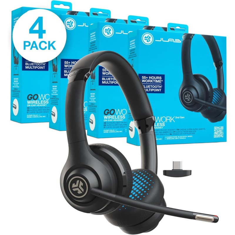 Jlab go work casque sans fil de 2e génération avec microphone – plus de 55 heures de lecture bleutooth ou usb-c dongle pc, conne