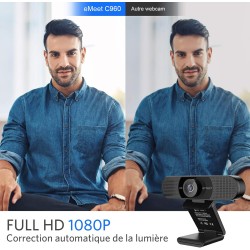 eMeet Webcam 1080P- Webcam C960 Full HD avec Double Microphone, Paramètres réglables, Grand Angle 90 ° avec Correction Automatiq