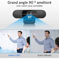 eMeet Webcam 1080P- Webcam C960 Full HD avec Double Microphone, Paramètres réglables, Grand Angle 90 ° avec Correction Automatiq
