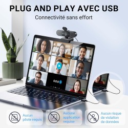 EMEET Webcam HD C960 AF 1080P avec cache d'objectif et micro doubles, caméra 360° avec correction de lumière, Plug & Play, idéal