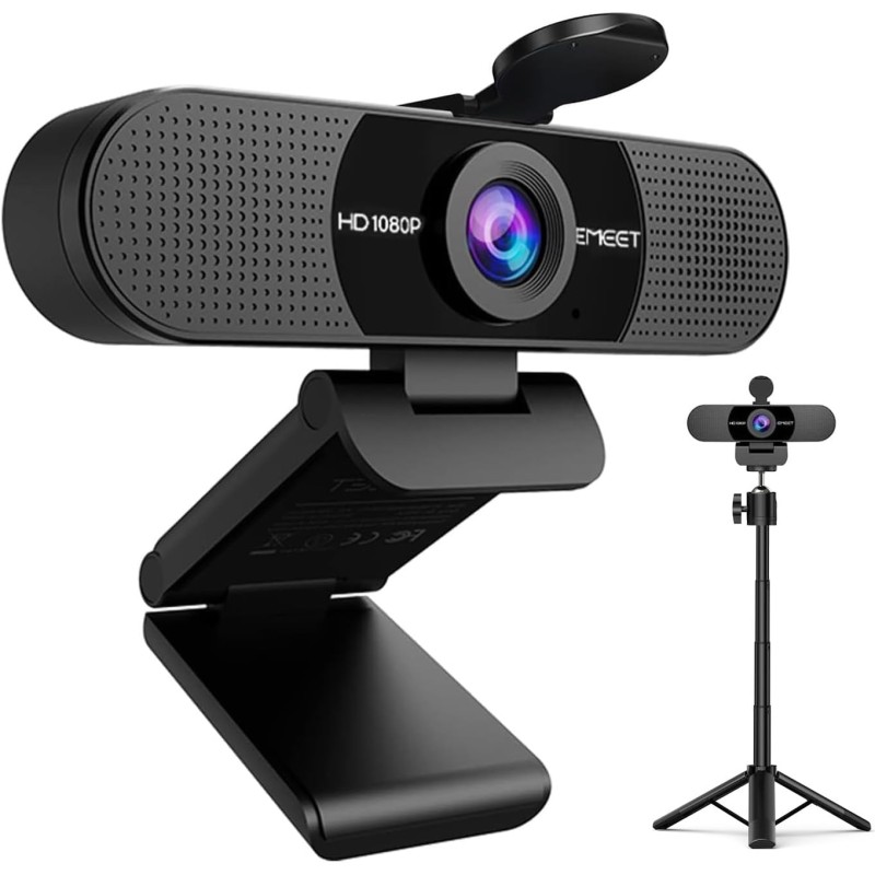 eMeet HD Webcam - C960 Kit 1080P Webcam avec Cache-Objectif & Double Microphone, Caméra 90 ° Streaming avec Correction Automatiq