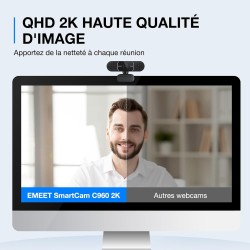 eMeet Webcam C960 2K, Webcam QHD avec Cache d'objectif et Double Microphone, autofocus TOF, caméra de Streaming 76° avec Correct
