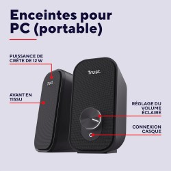 Trust Orada Enceinte PC USB 2.0 12W (6W RMS), Enceintes avec Jack AUX 3.5 mm, Connexion au Casque, Façade en Tissu, Haut Parleur