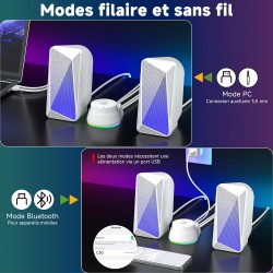 Soulion c30 enceintes pc gamer blanc haut parleur bleutooth pour moniteur, ordinateur portable, jeux, entrée auxiliaire 3,5 mm, 