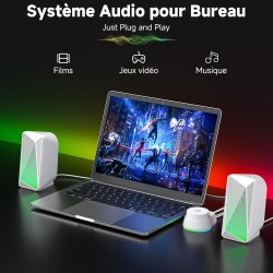 Soulion c30 enceintes pc gamer blanc haut parleur bleutooth pour moniteur, ordinateur portable, jeux, entrée auxiliaire 3,5 mm, 